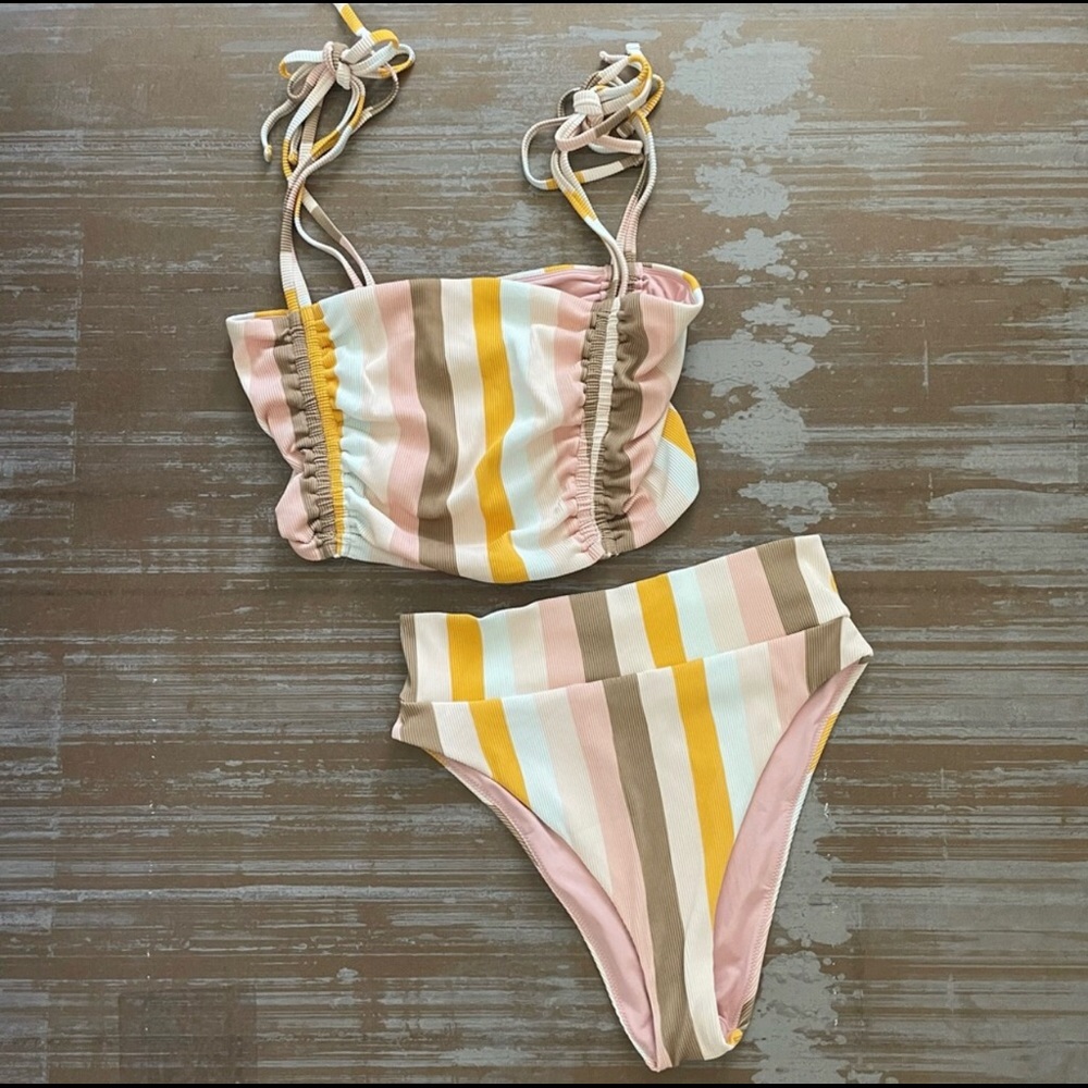 Aerie NWT Striped Ruched Top High Waisted Cheeky Bikini Set Summer Beachy